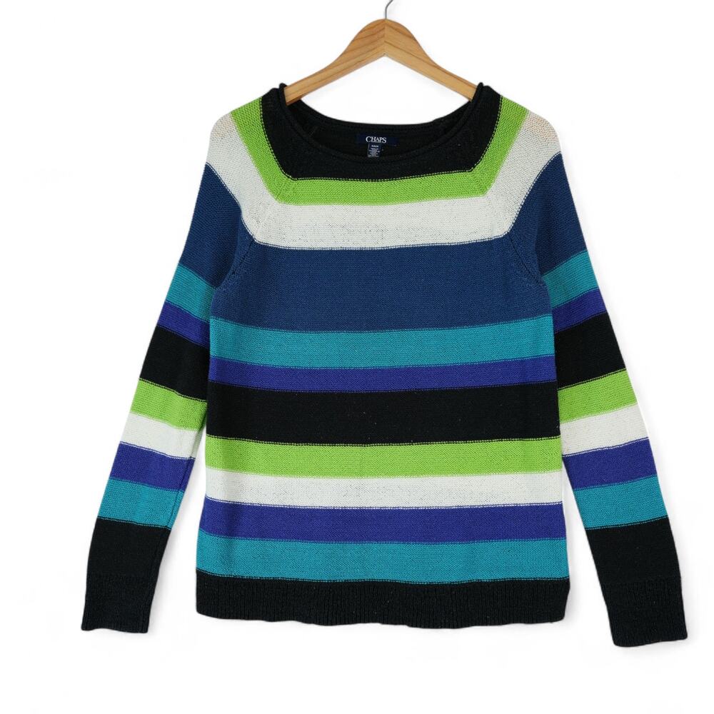 Chaps by Ralph Lauren Sweater Womens M Raglan Stripe Ribbon Knitted Boat Neck